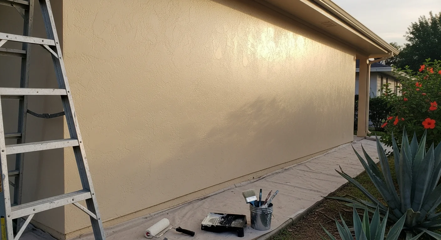 Professional painter applying exterior paint to residential home