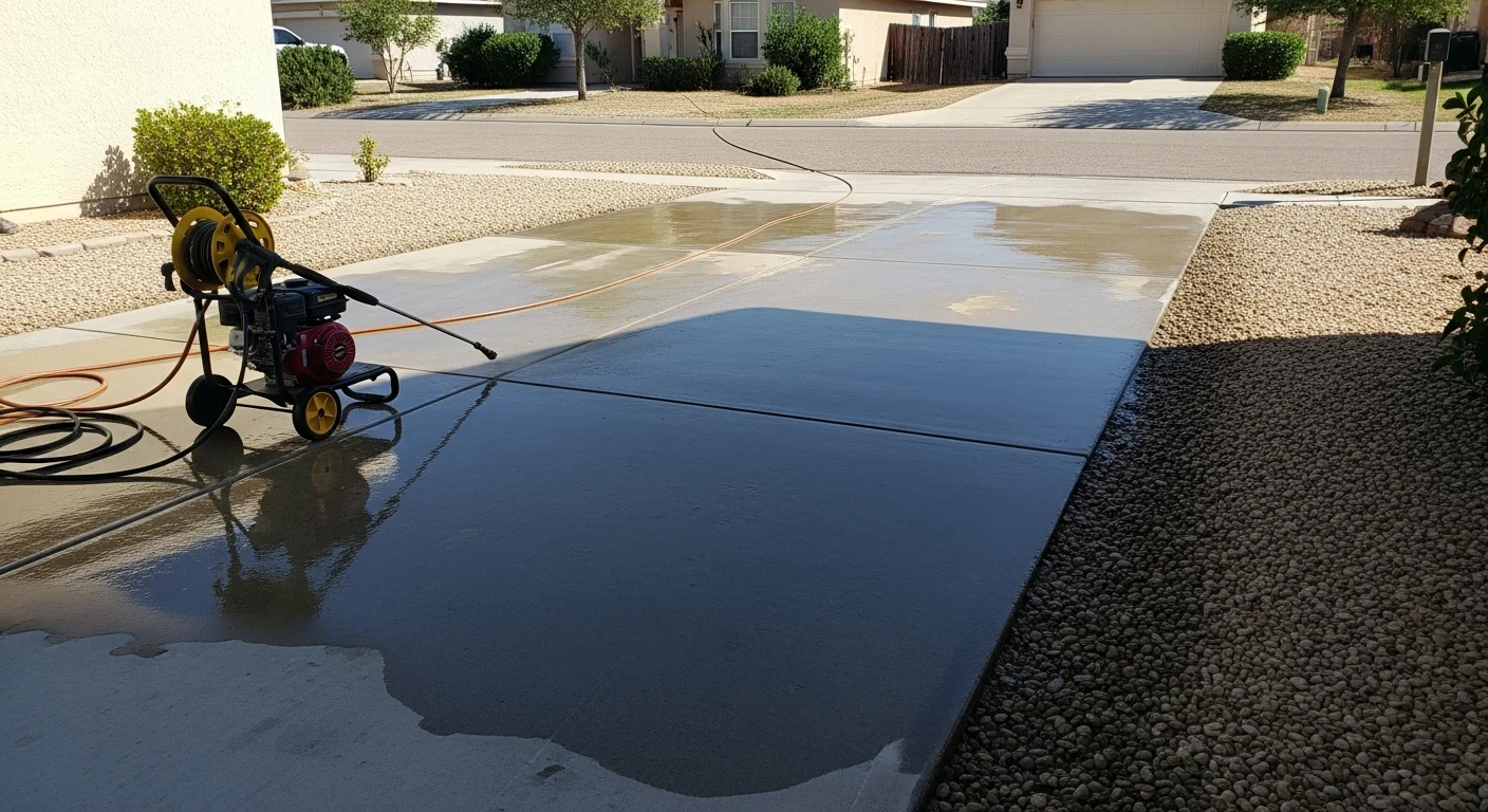 Pressure washing cleaning driveway and concrete surfaces