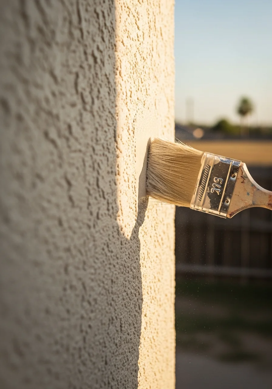 Close-up of professional work on a McAllen home exterior with Valley landscape in background.