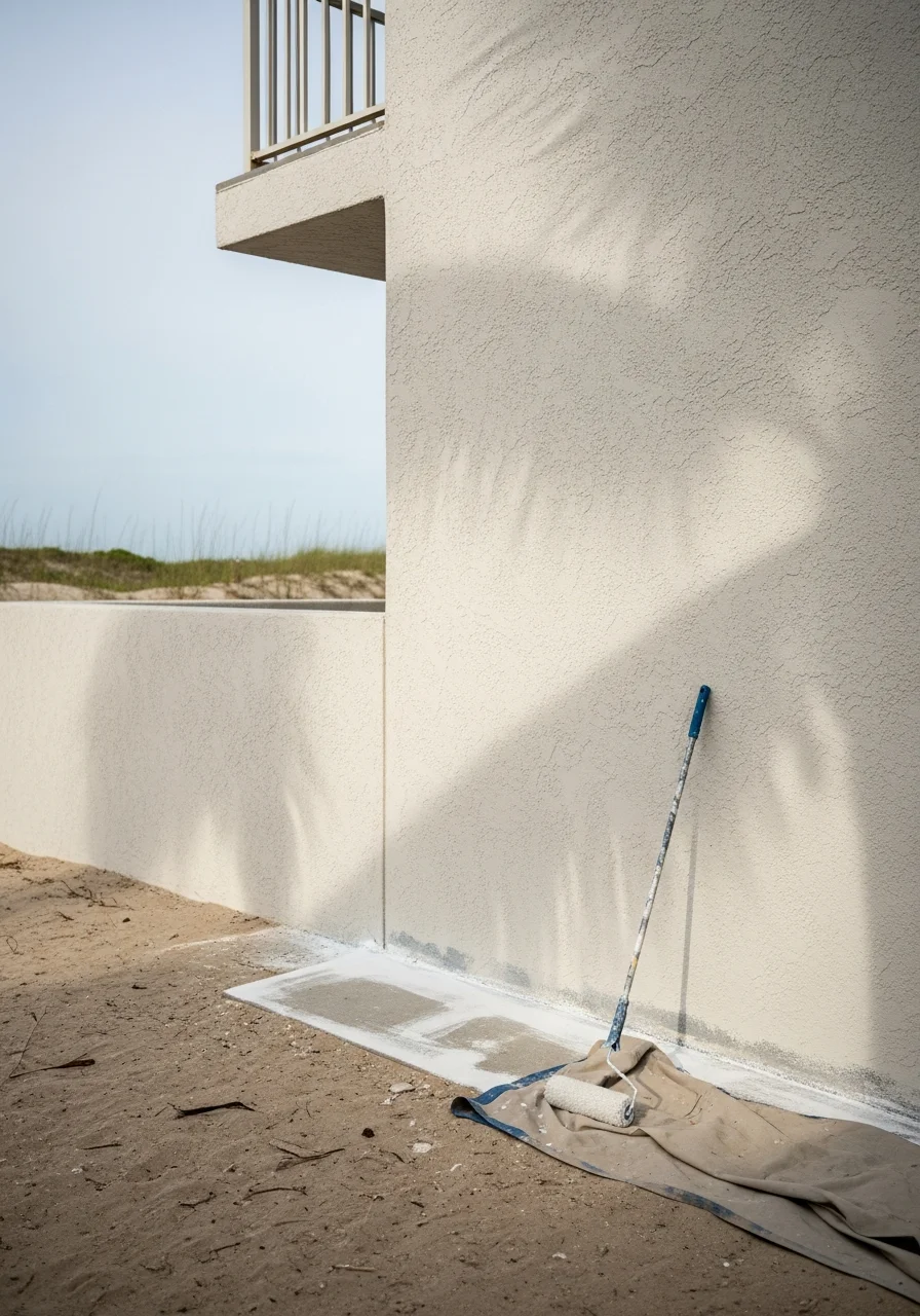Detail of quality coastal workmanship on a South Padre Island property with beach setting visible.