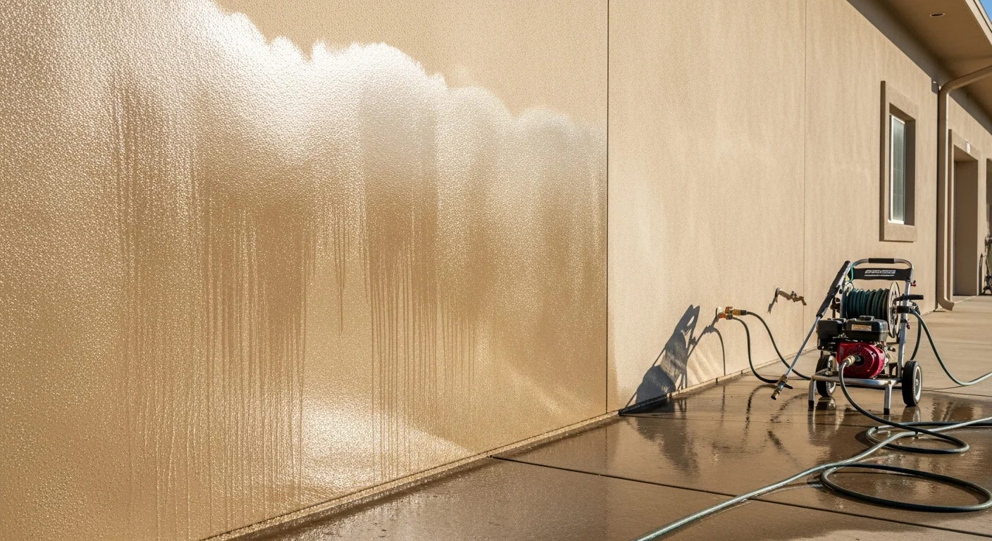 A McAllen, TX building exterior being pressure washed by a True Colors technician, showing mold and algae streaks being removed from a stucco facade. The cleaned section of the wall shows a clear contrast against the untreated surface.