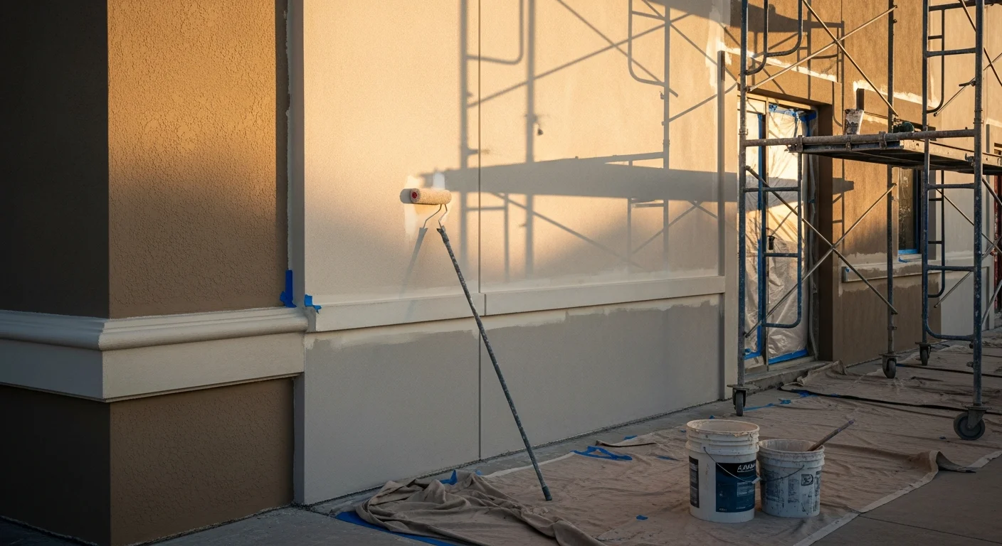 Commercial building exterior in McAllen, TX with freshly applied paint on stucco facade and clean, even finish across the storefront. True Colors commercial painting crew working on a multi-unit retail property in the McAllen area.