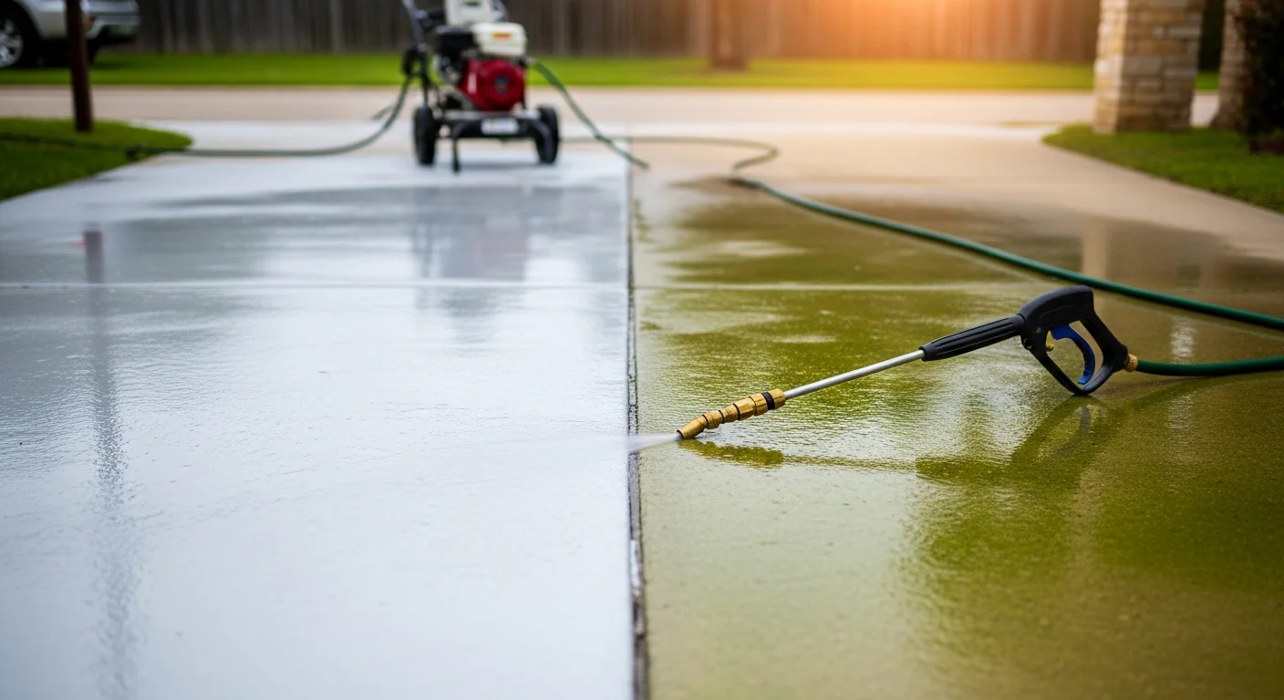 A McAllen, TX residential driveway shown before and after professional concrete cleaning, with the cleaned side free of green algae staining and embedded grime. A pressure washing wand is visible on the concrete surface mid-clean.
