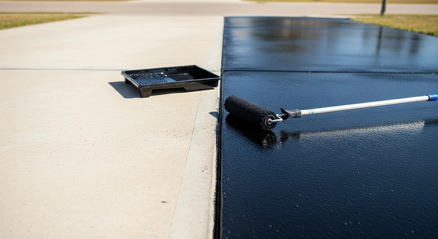 A freshly coated concrete garage floor in a McAllen, TX home, showing a smooth, sealed surface with a clean, uniform finish. The coating covers the full slab area and reflects the overhead lighting in a residential garage setting.