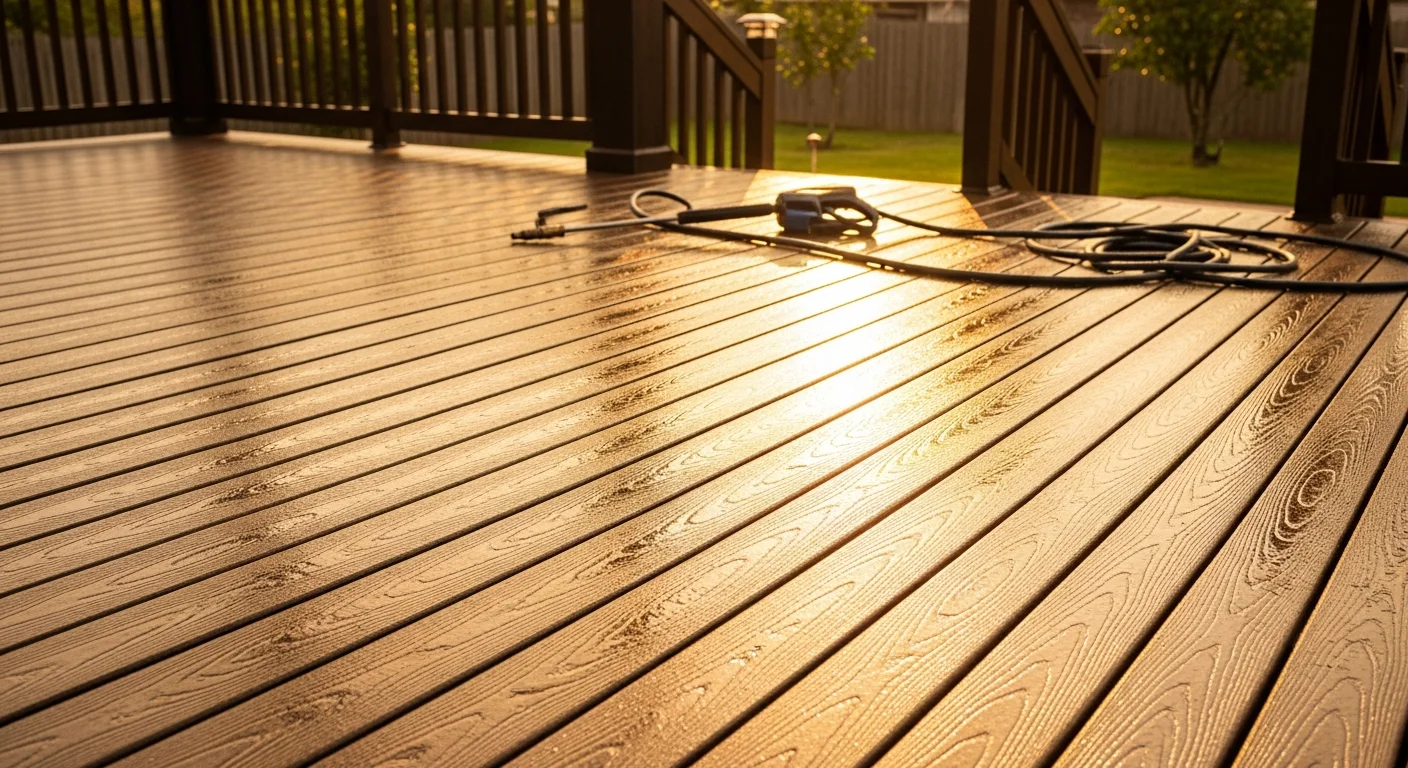 A McAllen homeowner's wooden deck after professional pressure washing by True Colors, showing clean boards free of green algae and dark mold stains. The restored surface contrasts with the surrounding South Texas landscape visible in the background.