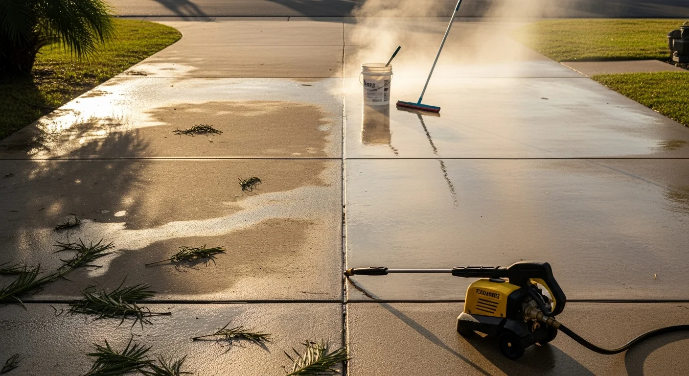 A McAllen residential concrete driveway after professional pressure washing, showing clean gray concrete with no algae staining or oil marks. The driveway runs from the street to a stucco home typical of South Texas construction.