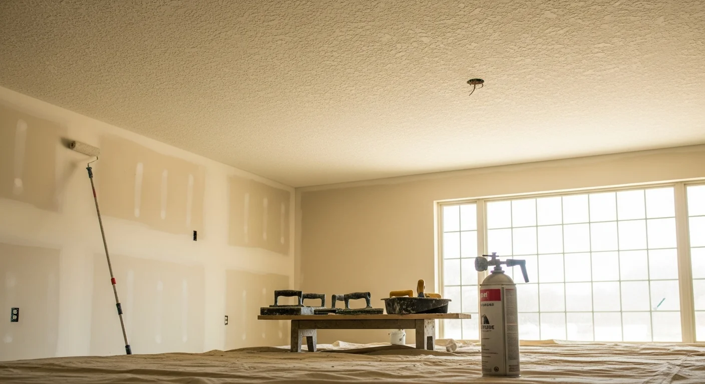 A freshly textured interior wall in a McAllen, TX home showing a uniform knockdown finish ready for paint. The ceiling and adjacent wall meet cleanly with consistent texture applied across the full surface.