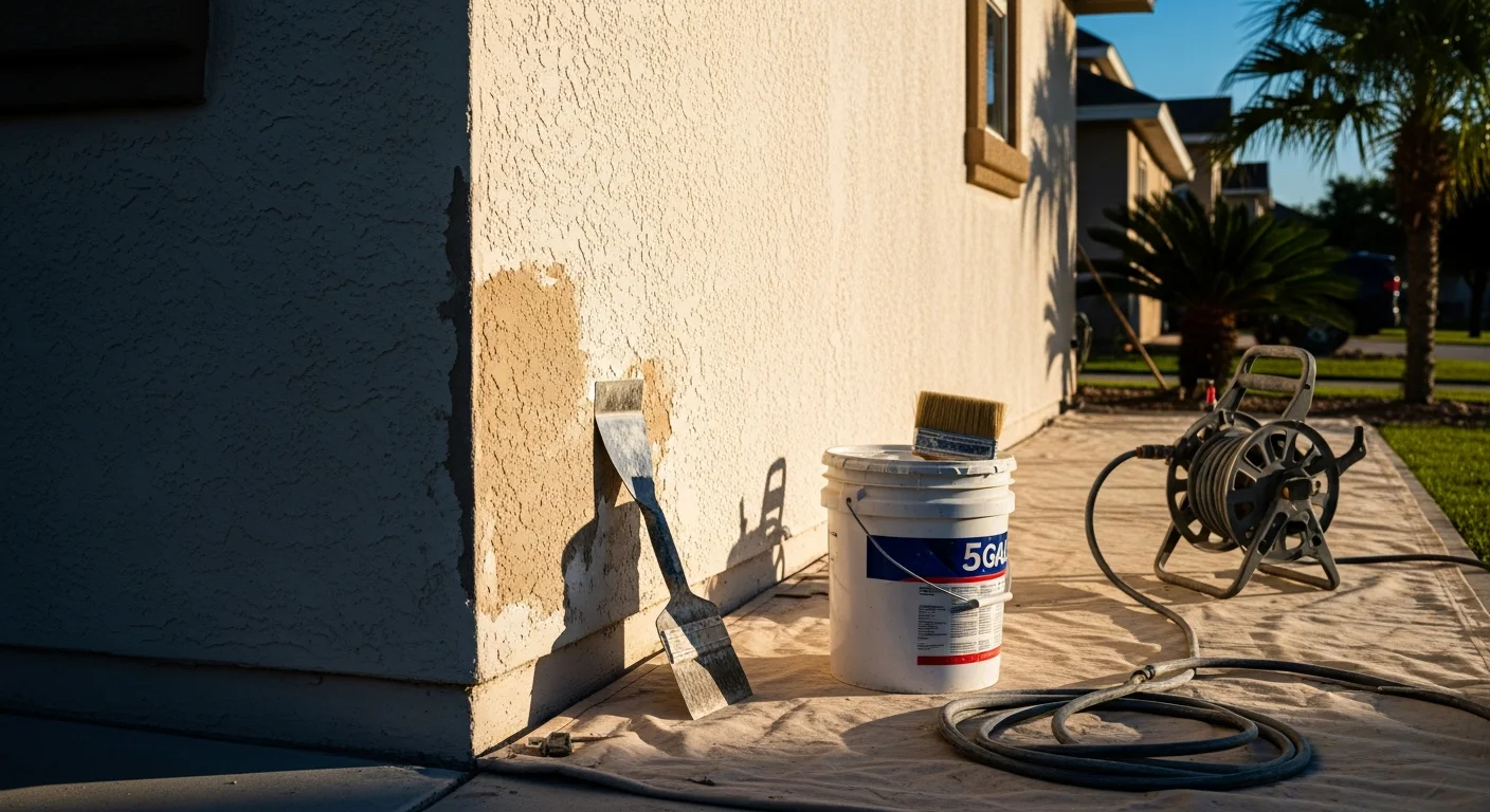 A freshly painted single-family stucco home exterior in McAllen, TX, showing clean lines, even color coverage, and painted trim under bright South Texas sunlight. The finished surface shows no peeling, fading, or mildew typical of Rio Grande Valley climate wear.