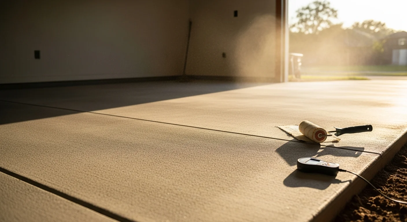A freshly coated residential garage floor in McAllen, TX showing a smooth, sealed surface with a clean finished appearance. The coating covers the full concrete slab of a two-car garage in a South Texas home.