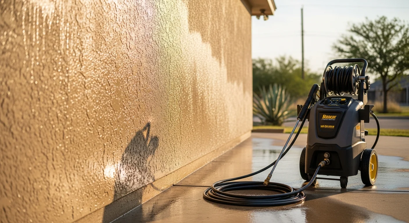 A McAllen, TX stucco home exterior being pressure washed, showing a clear contrast between the cleaned white surface and the mold-stained section still awaiting treatment. A concrete driveway in the foreground shows fresh cleaning lines against the surrounding grime.