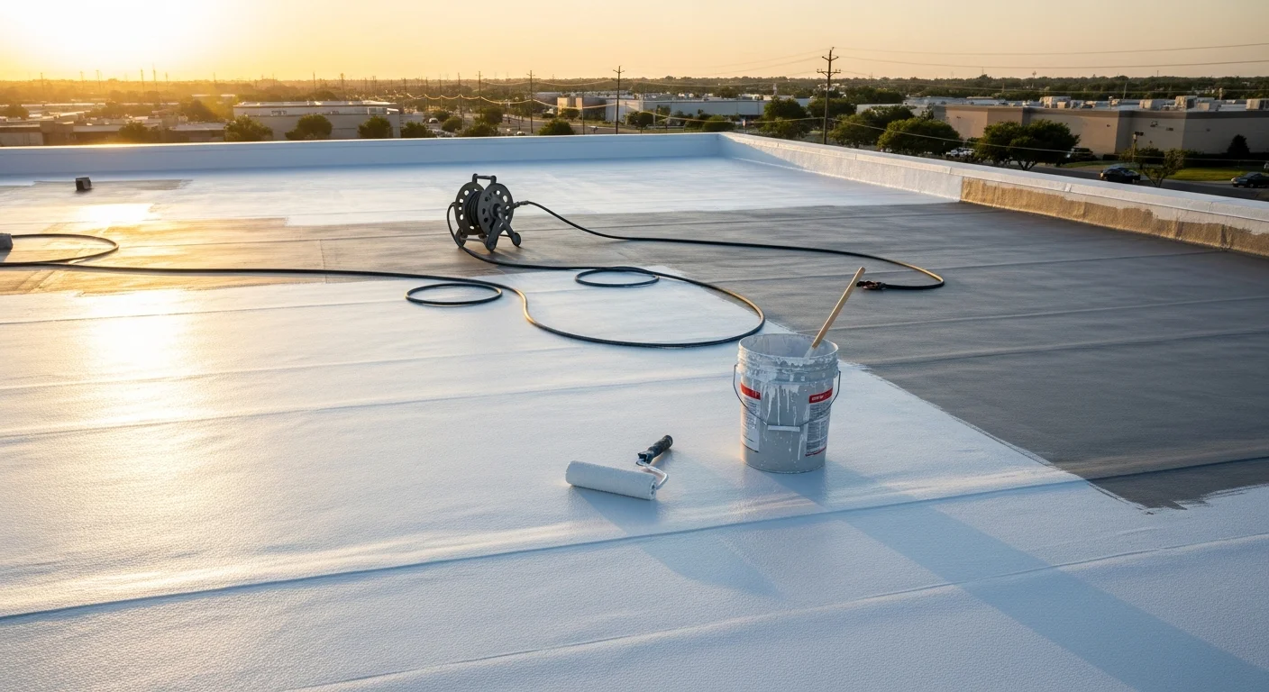 A flat commercial roof in McAllen, TX after a reflective coating application, showing a smooth, light-colored seamless surface under bright South Texas sun. The coated roof contrasts with the surrounding uncoated sections, illustrating the coverage and finish applied by True Colors.