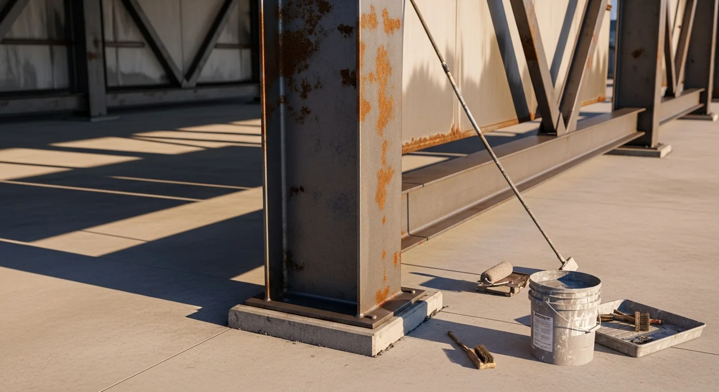 Industrial steel framework on a commercial building in McAllen, TX with a freshly applied protective structural coating. Close-up shows a smooth, sealed surface on metal beams with no visible rust or surface deterioration.