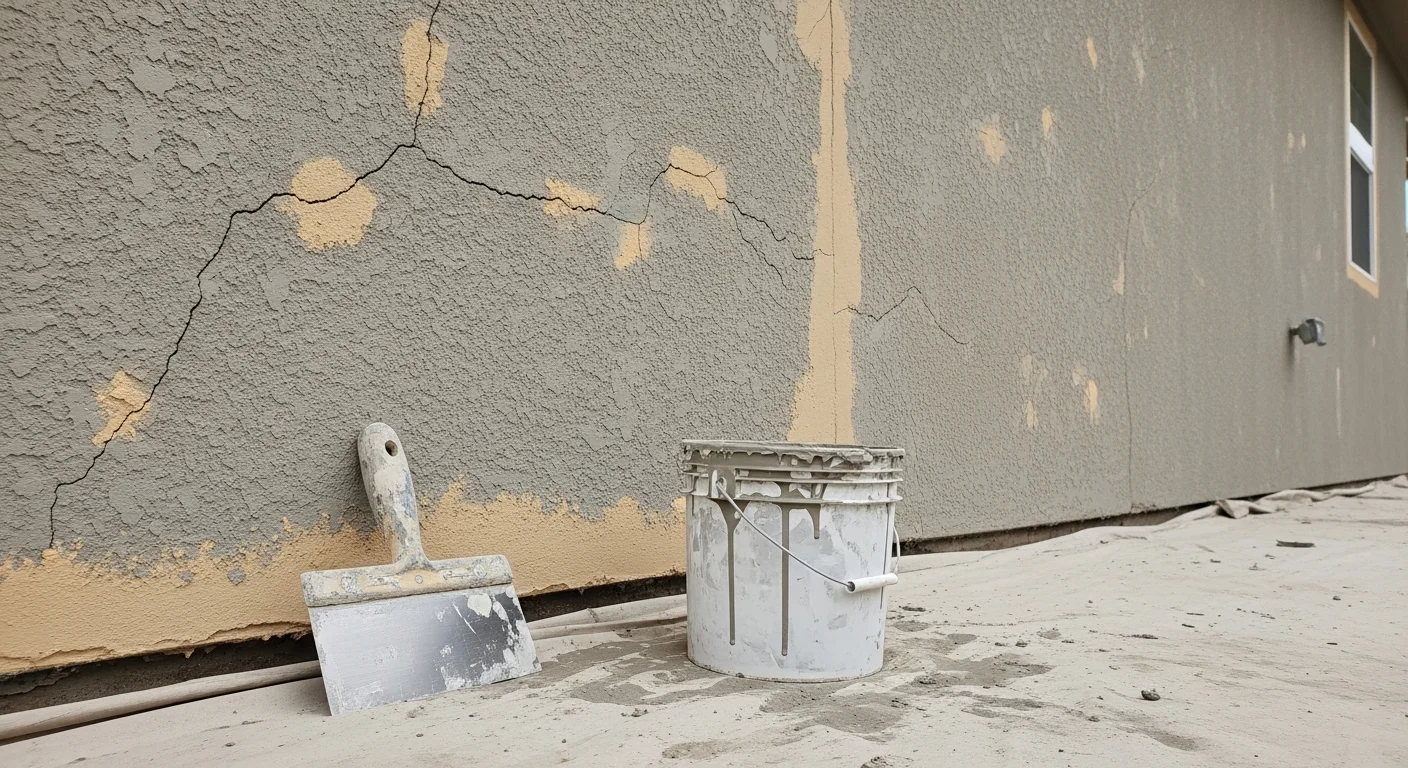 A True Colors crew member sanding and priming a stucco exterior wall on a McAllen, TX residential property before applying a specialty finish coat. Close-up view shows a smooth, prepped surface ready for finish application.