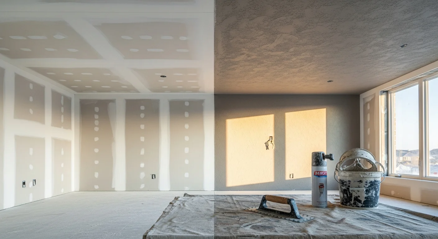 A freshly textured interior wall in a McAllen, TX home showing a smooth knockdown finish ready for paint. The surface is even and free of visible seams, with natural light highlighting the subtle depth of the texture pattern.