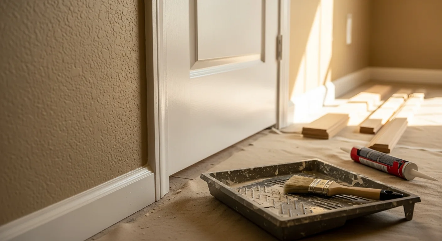 Close-up of freshly painted white door casing and baseboard trim inside a McAllen, TX home, showing clean paint lines against a neutral wall. Exterior view of a McAllen residence with newly painted fascia boards and window surrounds in a contrasting trim color.