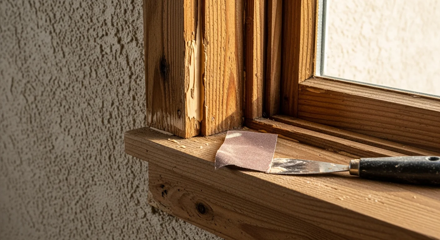 Close-up of a repaired and refinished exterior wood window frame on a McAllen, TX home, showing a smooth, sealed surface ready for a specialty finish coat. The surrounding trim is clean and free of soft spots or discoloration from prior moisture damage.