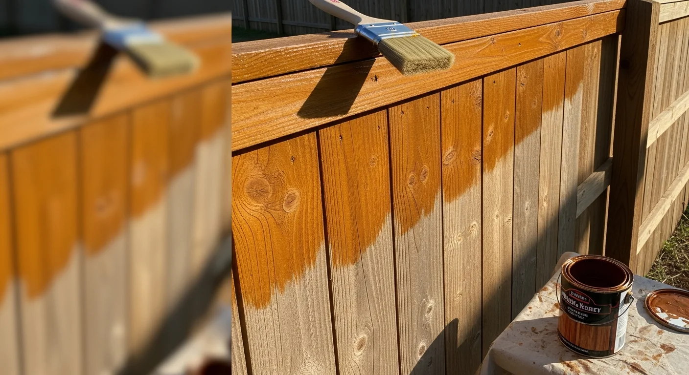 A freshly stained wooden privacy fence in a McAllen, TX backyard, showing rich even color and smooth grain after professional wood staining by True Colors. The finished surface contrasts with a weathered gray section still visible at the edge of the frame.